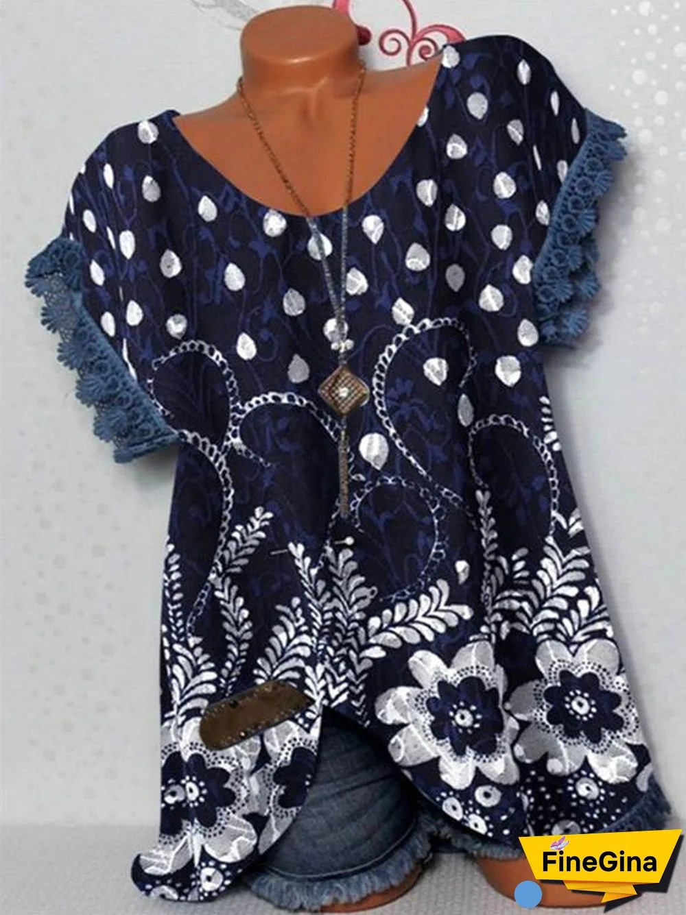 Women's Short Sleeve Scoop Neck Floral Printed Lace Patchwork Tops T-shirt