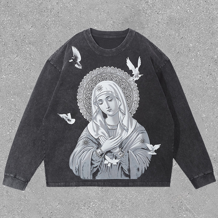 Vintage Our Lady of Guadalupe And Peace Dove Graphic Washed Long Sleeve T-Shirt