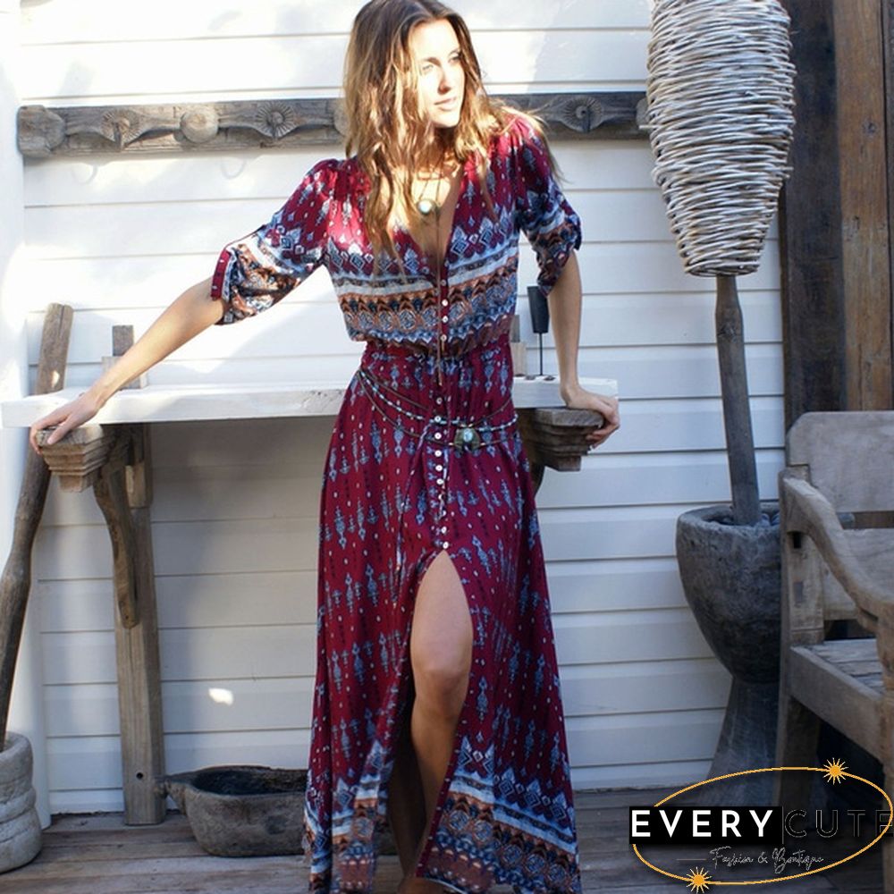 Women new Bohemian printing long dress women long dress floral print retro hippie chic clothing boho dress