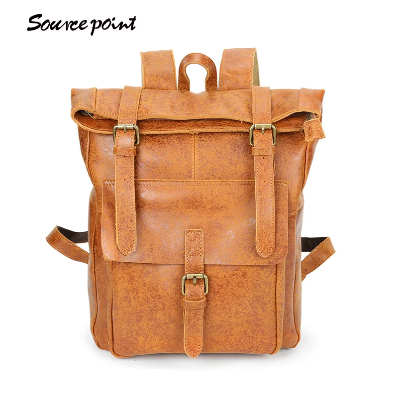 Satchel And Fable Men Women College Vintage Book Bag Fashion Anti-Theft Travel Leather Rucksack Roll Backpacks with fit 15.6 Inch Laptop Dark Brown