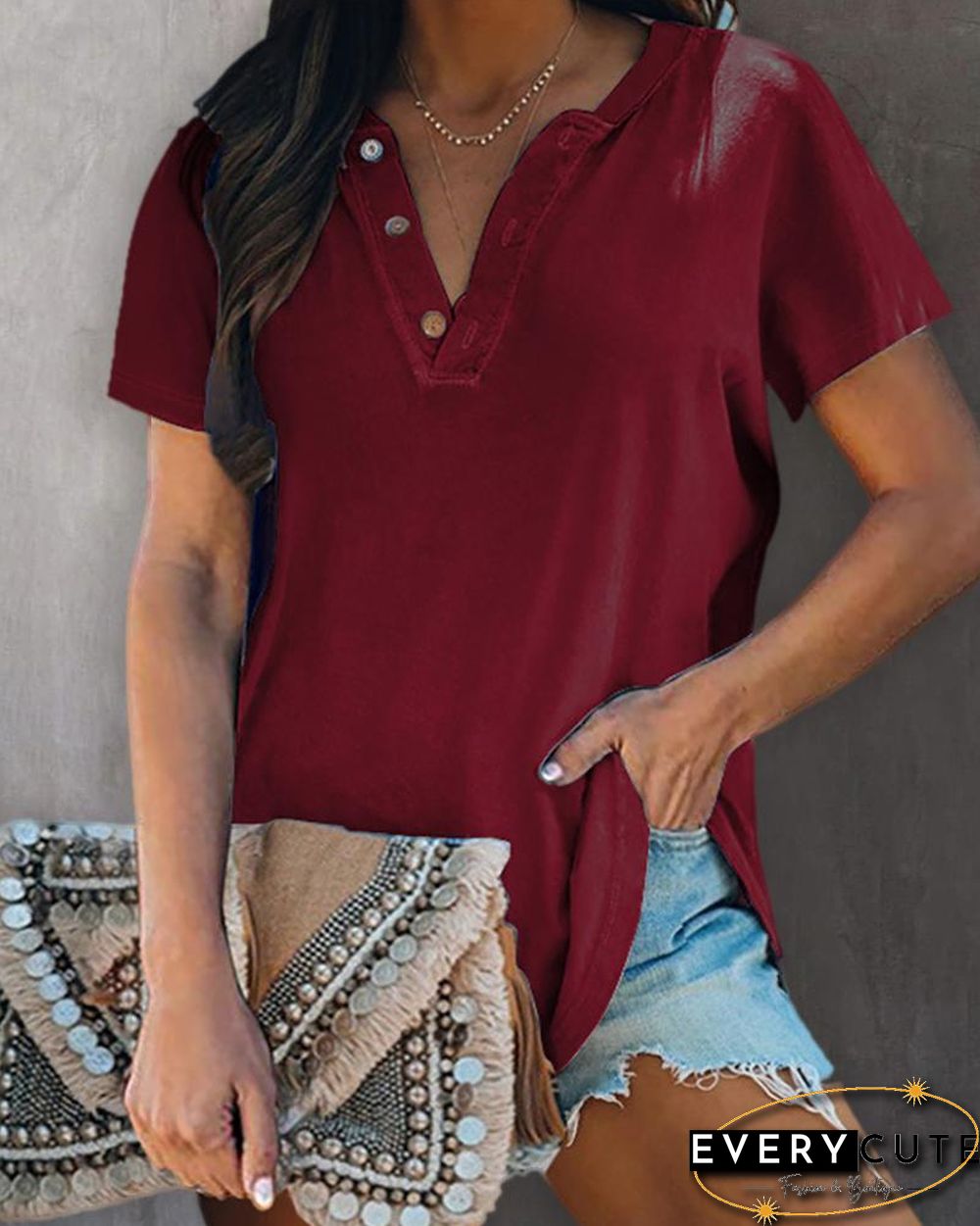 Plain V Neck Button Design Top