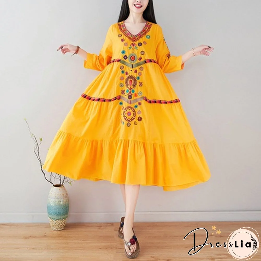 Women Dress Midi Linen Ethnic Floral Embroidery Tunic Beach Boho Holiday Hippie