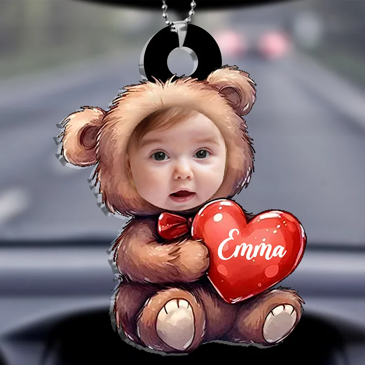 Personalized Teddy Bear Hanging Ornament Custom Photo & Name Keychain Acrylic Pendant Gift for Her/Him