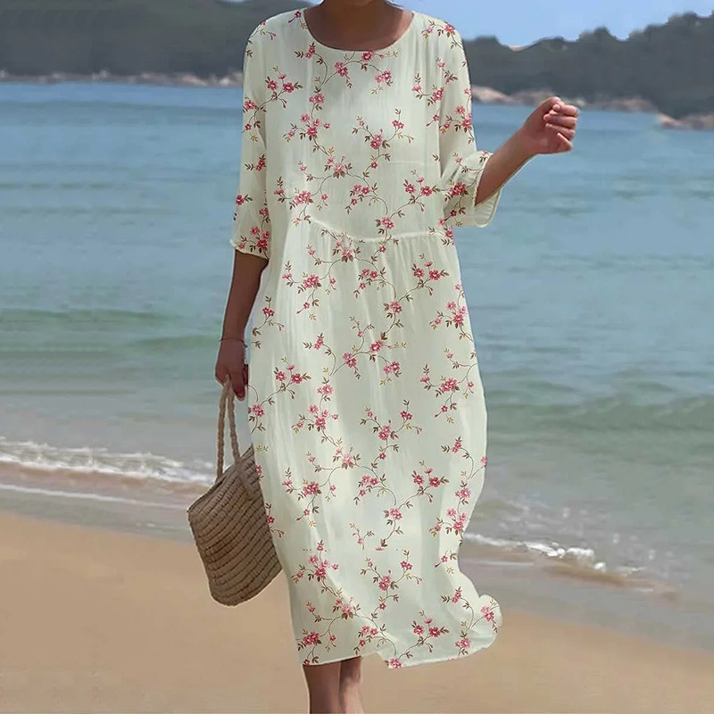 Women's Elegant Floral Art Linen Blend Loose Linen Dress wearshes