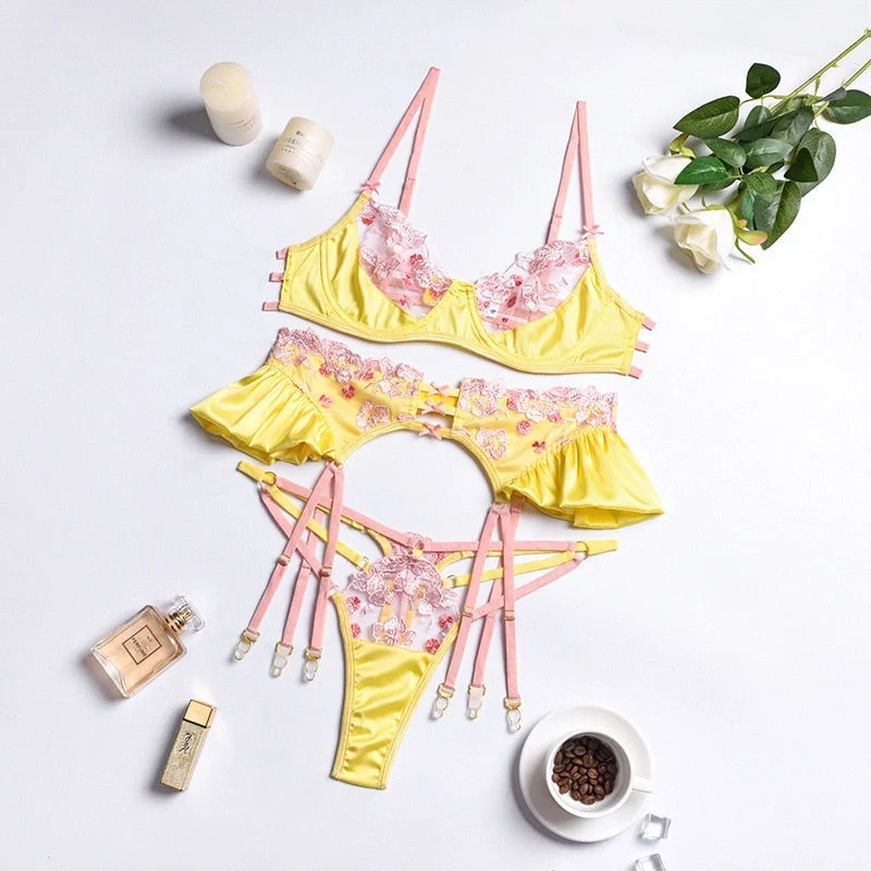 3-Piece Patchwork Lace Bra Set Women Embroidery Bra Underwire + Panty Yellow Underwear Set Ladies Sexy Lingerie Set