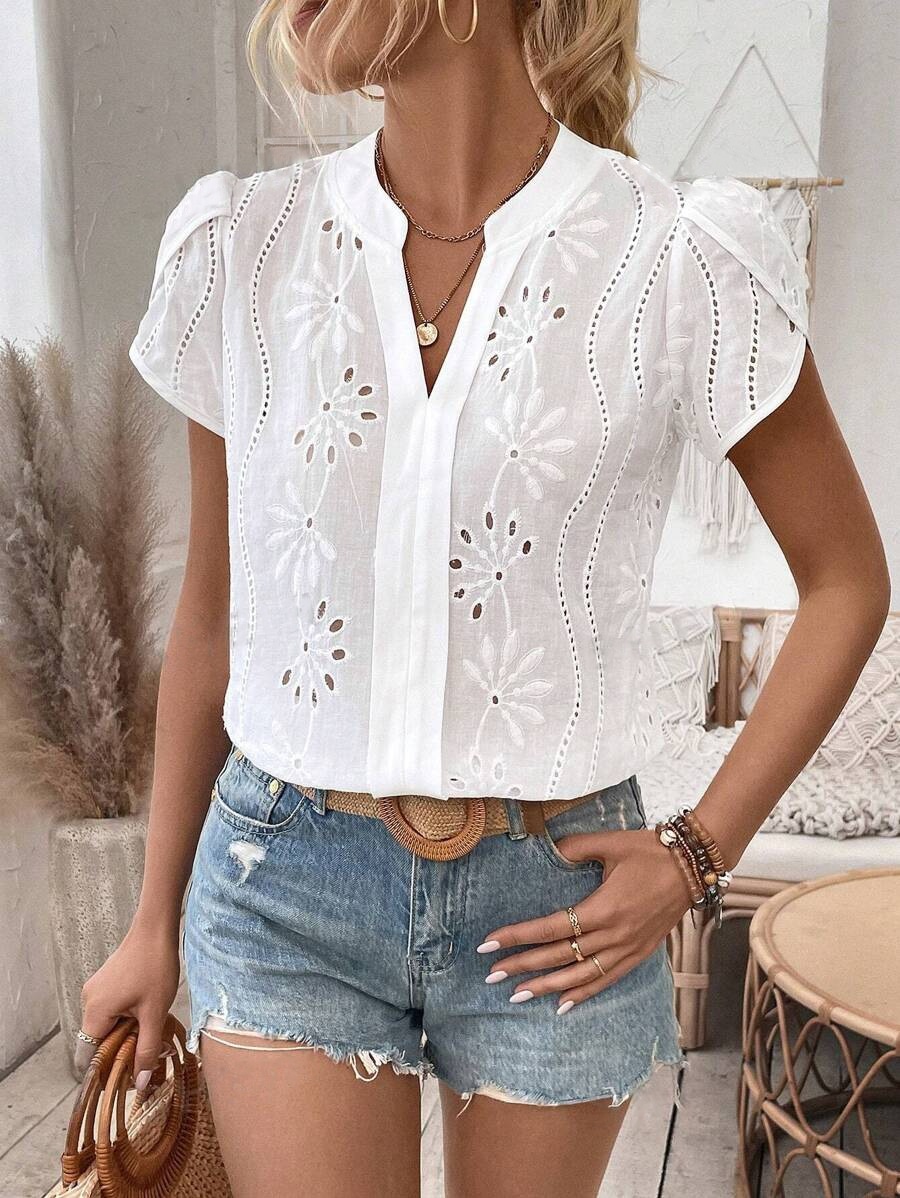 Hollow Lace V-Neck Pullover Short Sleeve Women's Shirt