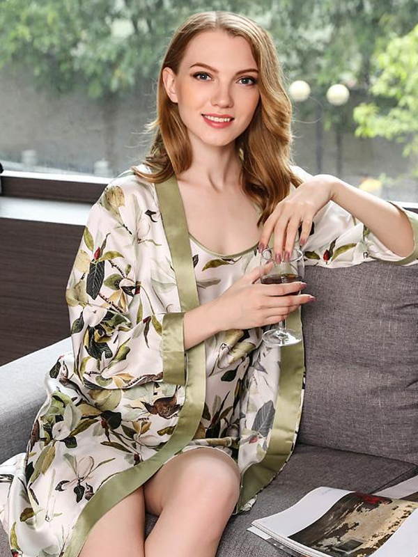 High Quality Printed Silk Nightgown And Robe Set