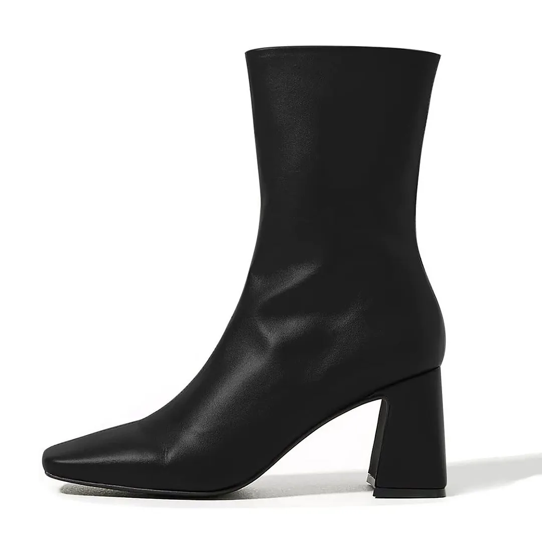 Black Vegan Leather Square Toe Chunky Heel Zipper Mid-Calf Boots