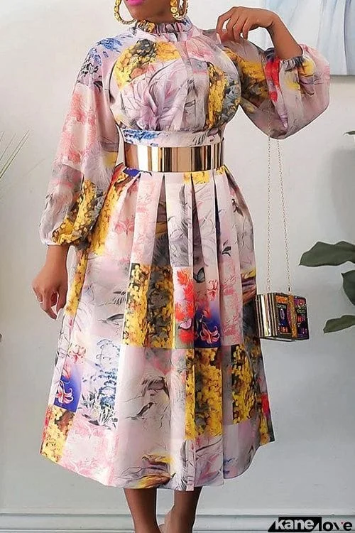 Print Ruffles Puff Long Sleeve Midi Dress