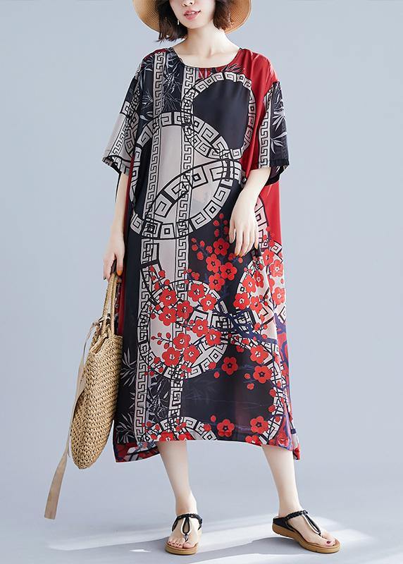 VCSHOES O Neck Spring Tunics For Women Red Print Long Dress
