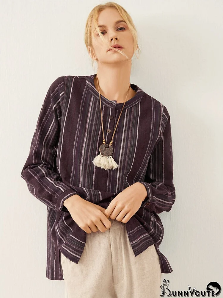 Stripe Pattern Slit Hem Button Long Sleeve Blouse