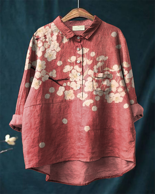 Japanese Classic Cherry Blossom Print Casual Cotton and Linen Shirt