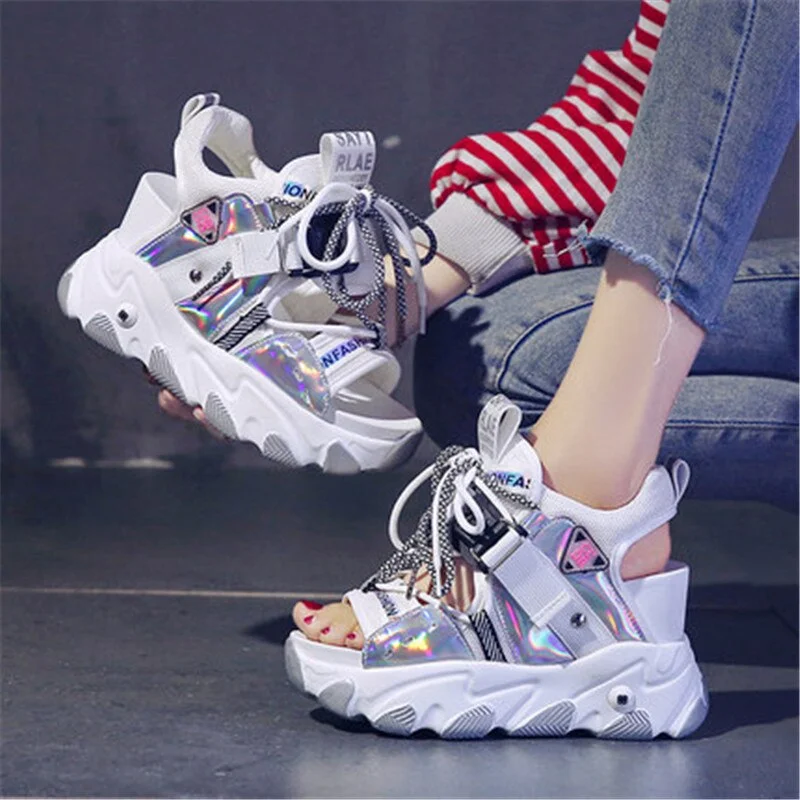 Women Chunky Platform Sandals Fashion Summer Mixed Colors 9cm Wedge Female Beach Shoes Sweet Campus Style Open Toe High Heels