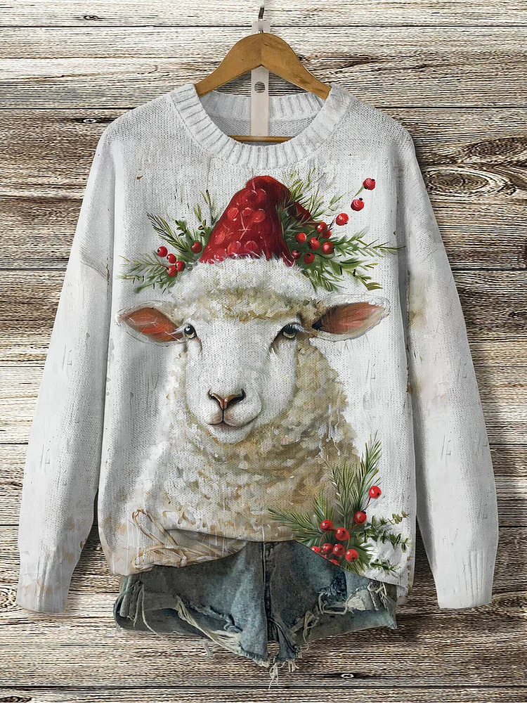 Women's Christmas Sheep Art Print Knit Sweatshirt