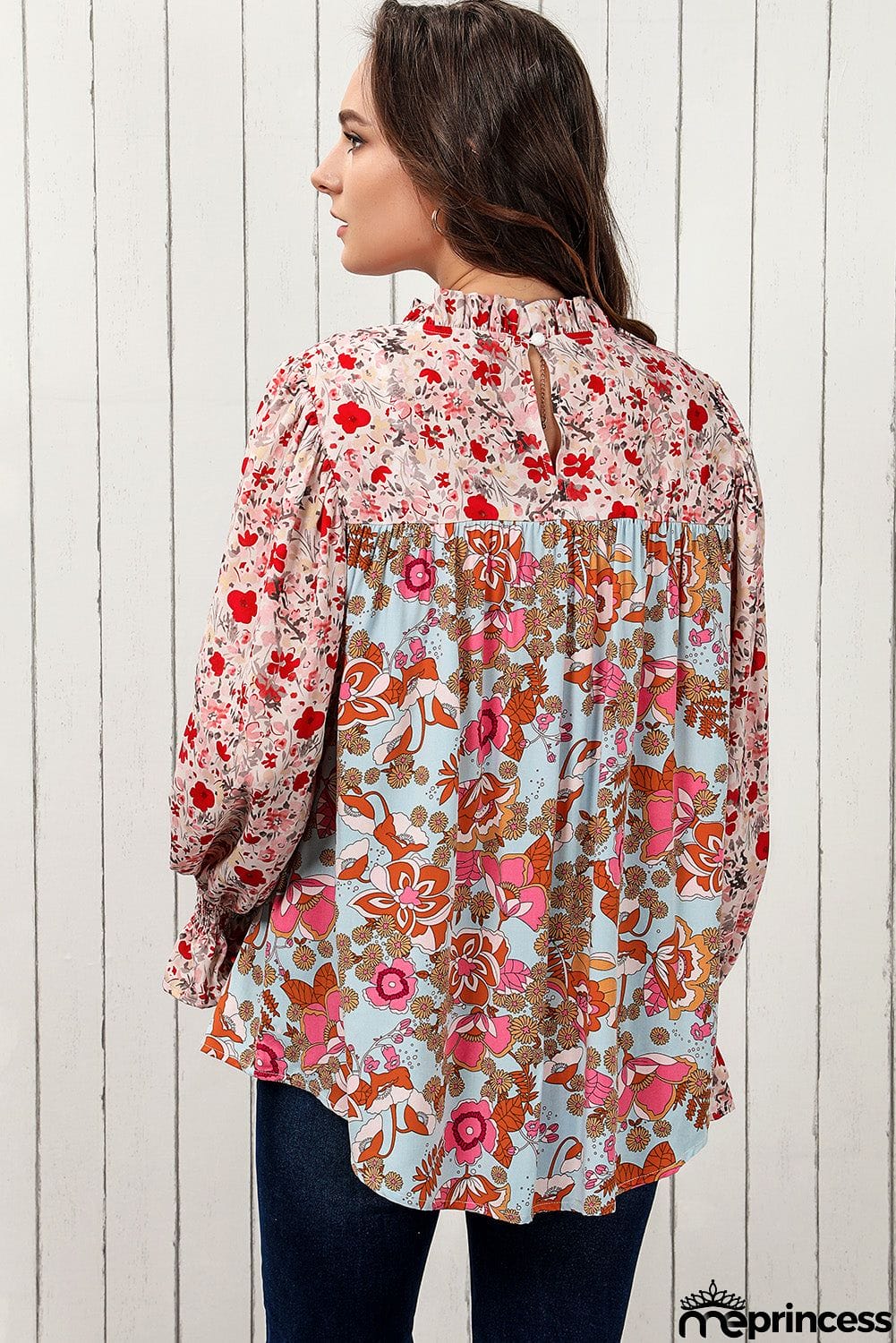 Floral Print Flounce Sleeve Mock Neck Blouse