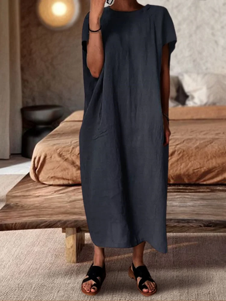 [Plus Size]Cotton Short Sleeve Loose Casual Maxi Dress