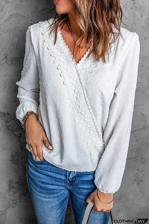 Dot Lace Trim Wrap Long Puff Sleeve Blouse