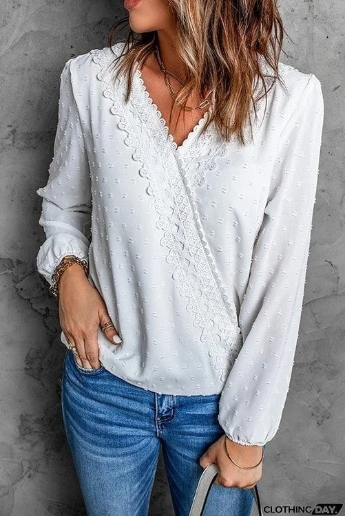Dot Lace Trim Wrap Long Puff Sleeve Blouse