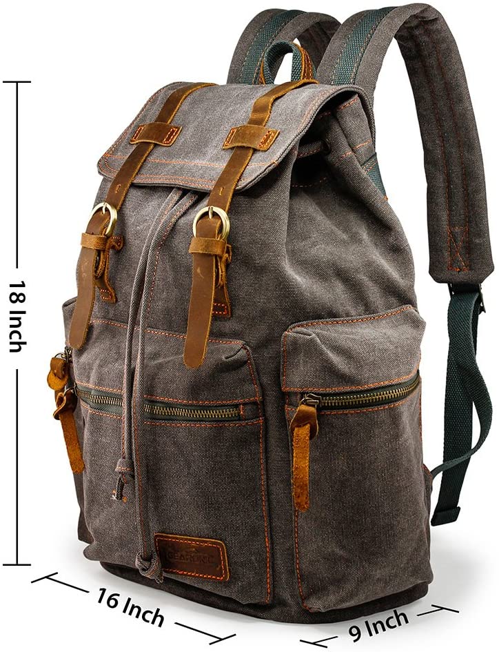 Vintage Canvas Backpack for Men Leather Rucksack Knapsack 15 inch Laptop Tote Satchel School Military Army Shoulder Rucksack Hiking Bag