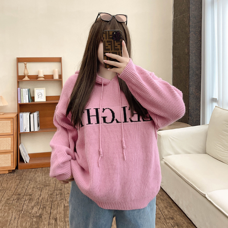 Autumn-Winter Chic Plus-size Hoodie with Drawstring & Letter Print - Knit Sweater