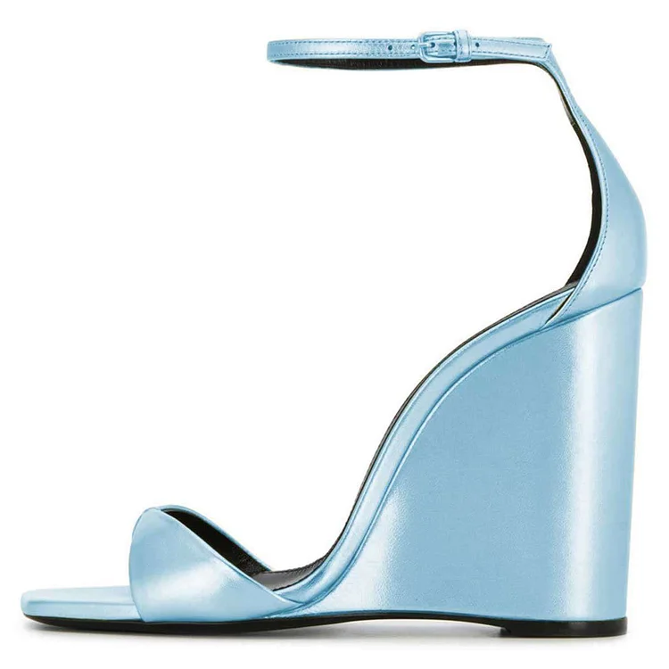 Light Blue Ankle Strap Wedge Sandals |FSJ Shoes