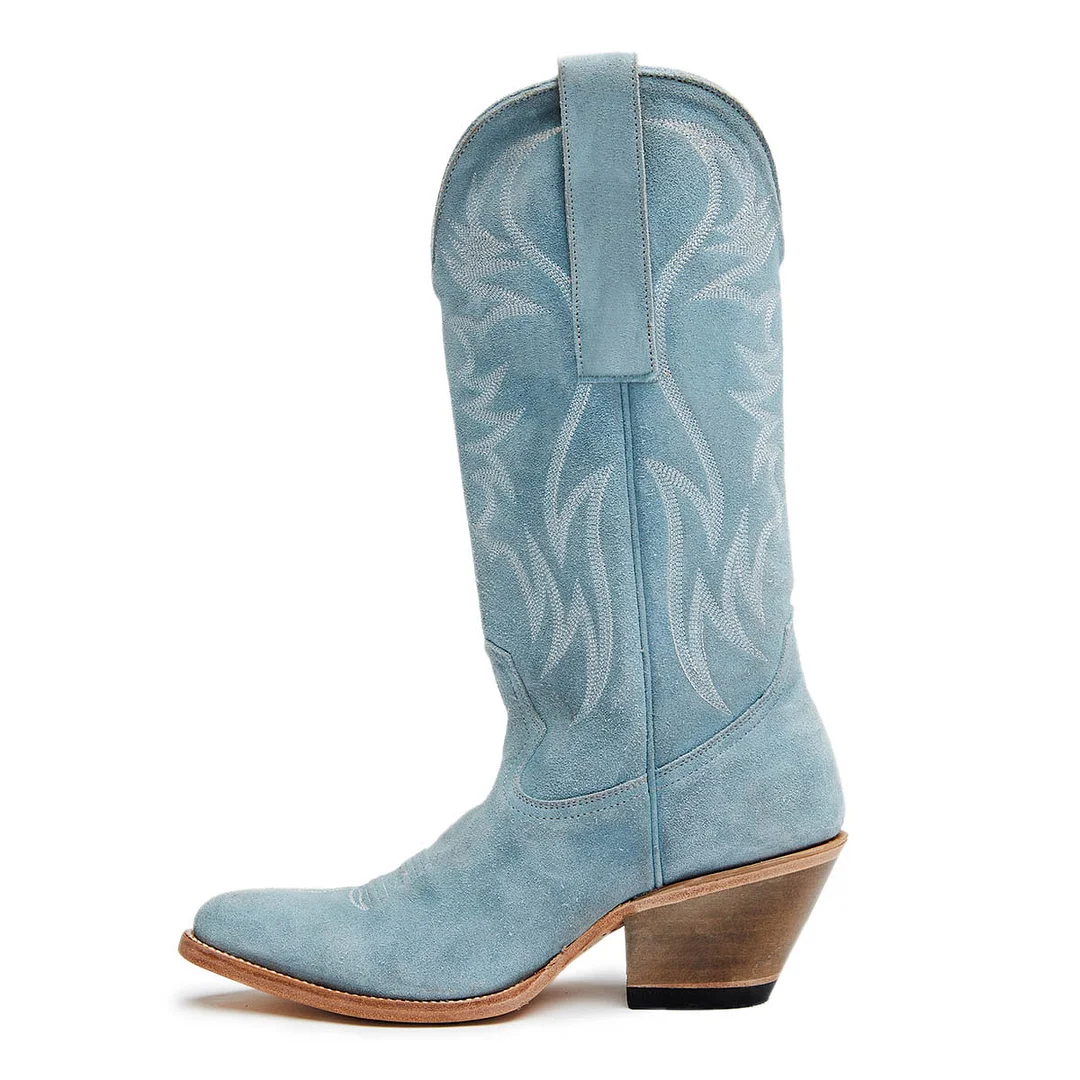 Light Blue Vegan Suede Chunky Heel Embroidered Cowboy Boots for Women