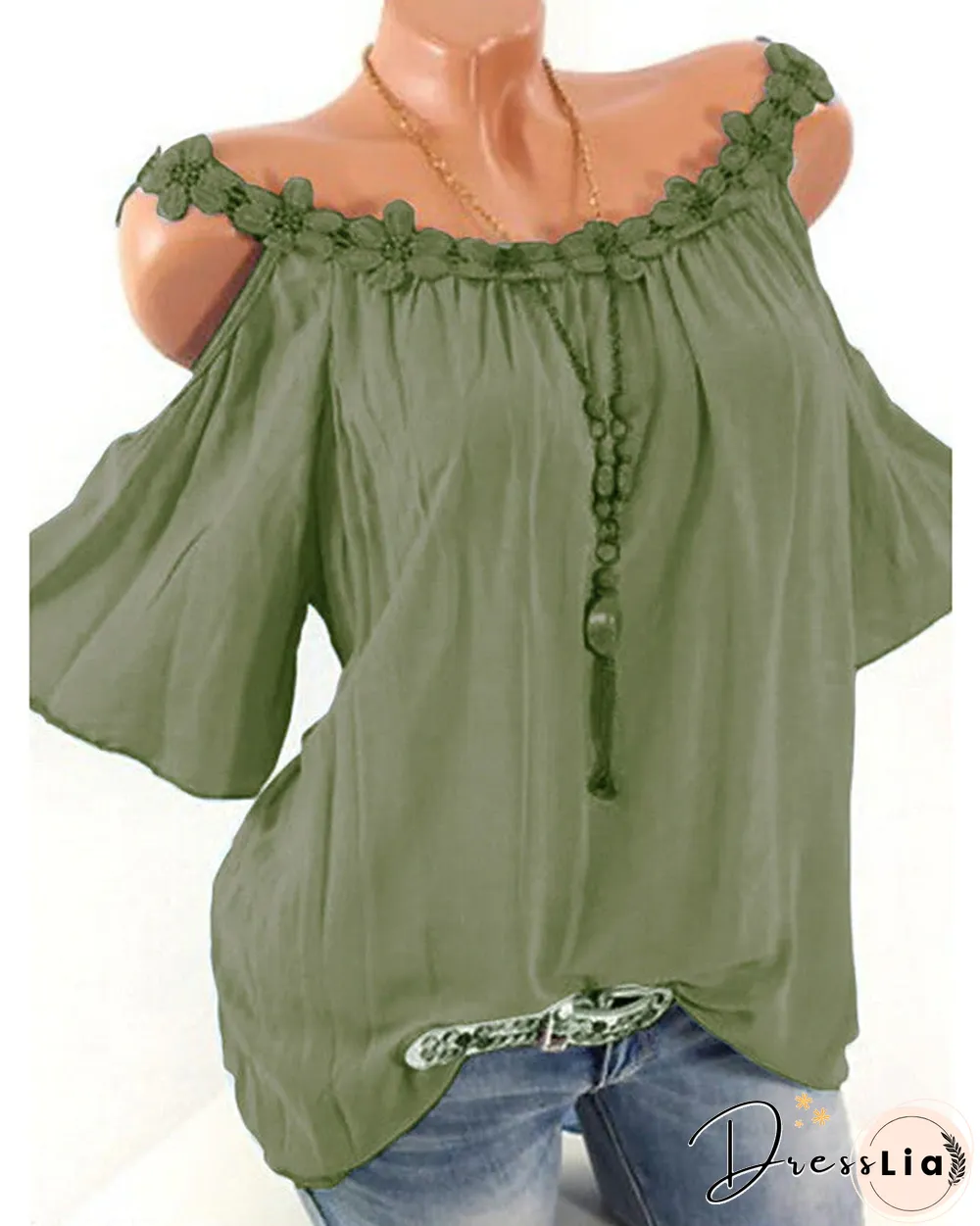 Women's T-shirt Solid Colored Lace Fashion Off Shoulder Round Neck Tops Basic Top White Blushing Pink Green-828