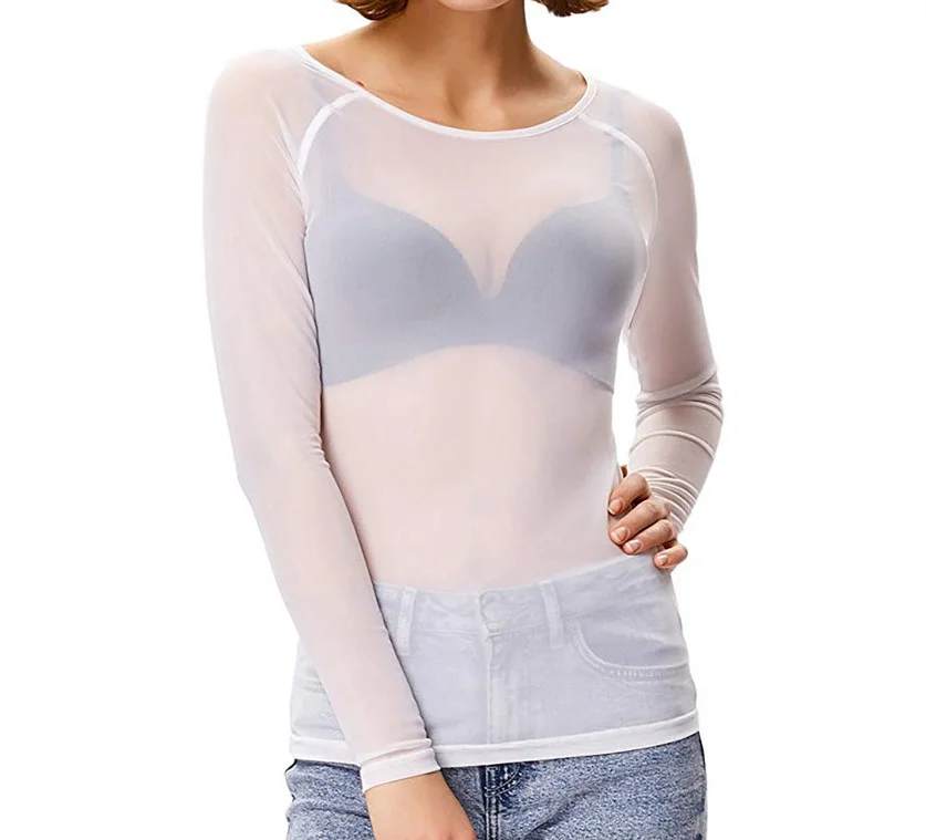 Uveng Uveng 2023 Autumn Black Full Transparent Mesh Yarn Bottom Shirt Female Long Sleeve Sexy Perspective Thin Net Shirt Super Elastic Gauze Clothes