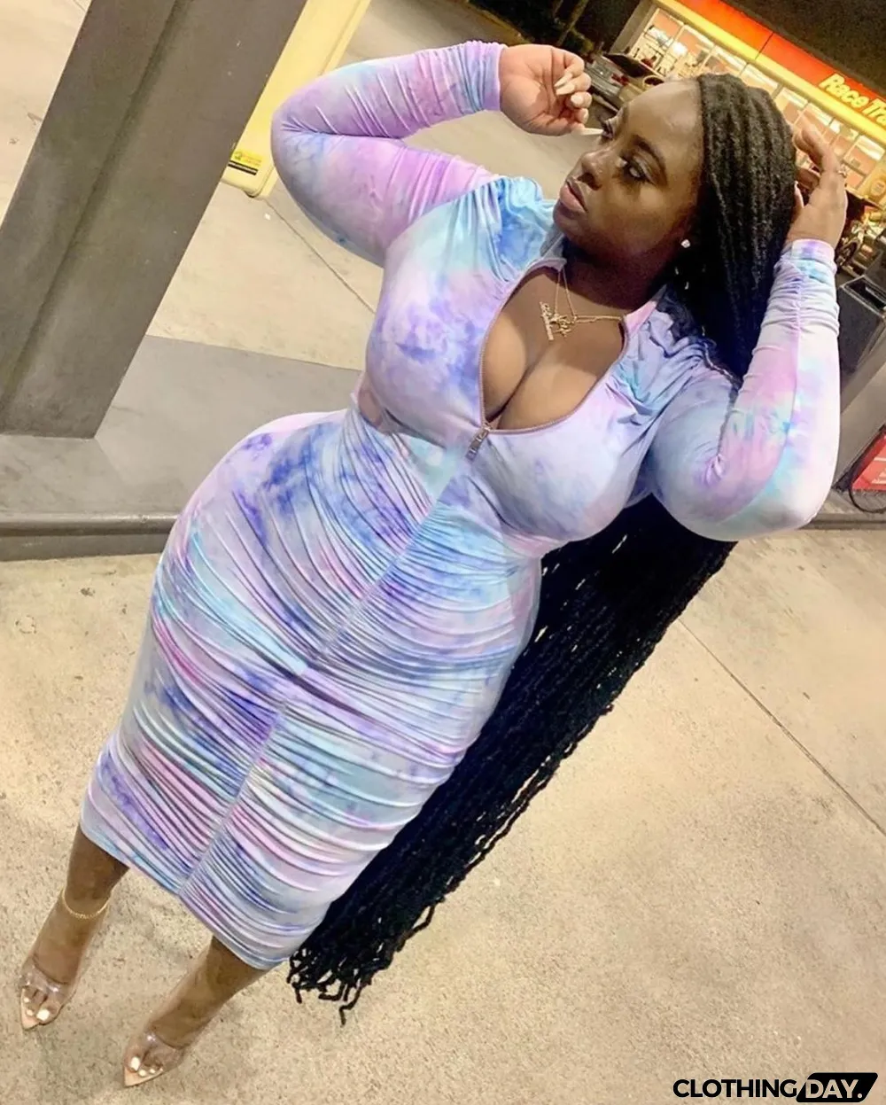 Plus Size Printed Ruched Zipper Midi Dress