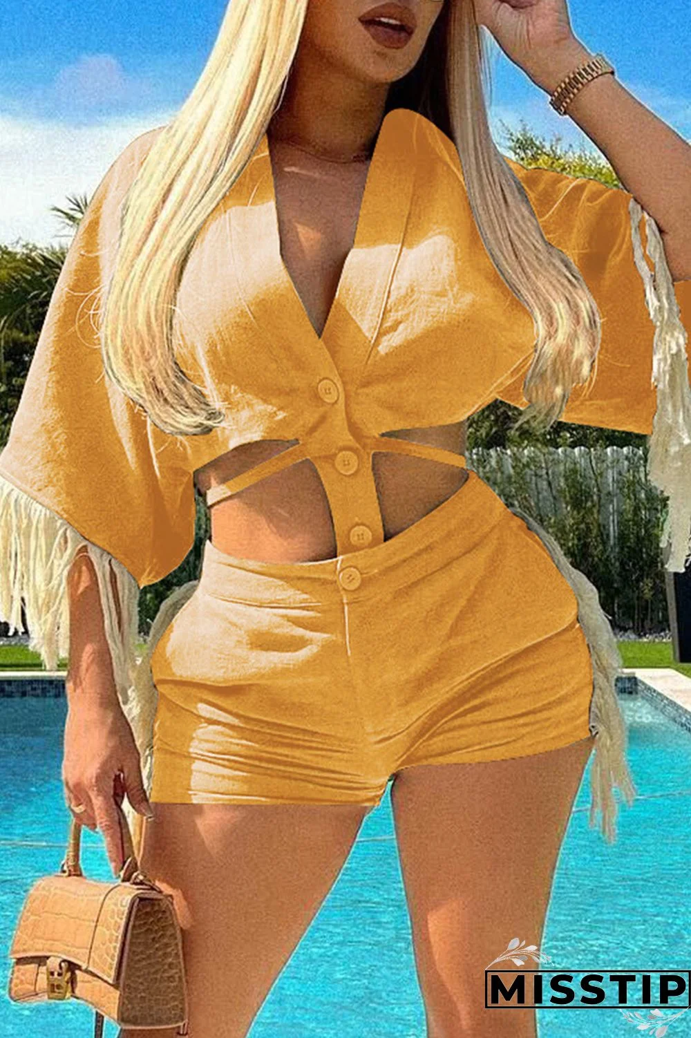 Ink Green Casual Solid Tassel Patchwork V Neck Half Sleeve Two Pieces