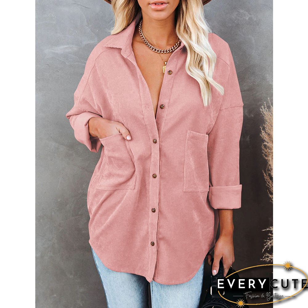Pink Solid Corduroy Button Long Sleeve Shirt