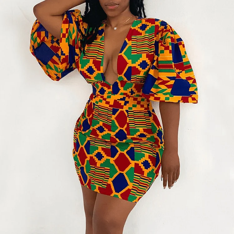 Deep V-Neck Flared Mid-Sleeve African Print Mini Dress