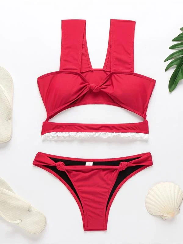 Lace Hollow Knotted Split Bikini Swimsuit