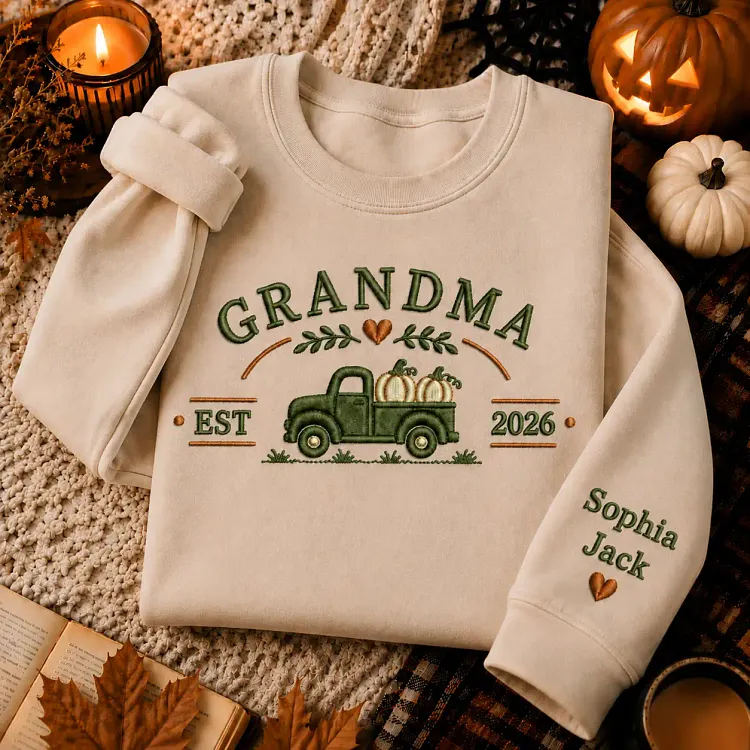 Personalized Grandma Fall Sweatshirt, Custom Pumpkin Truck Embroidered Grandma Crewneck, EST 2026 Autumn Shirt, Grandkids Names Sleeve