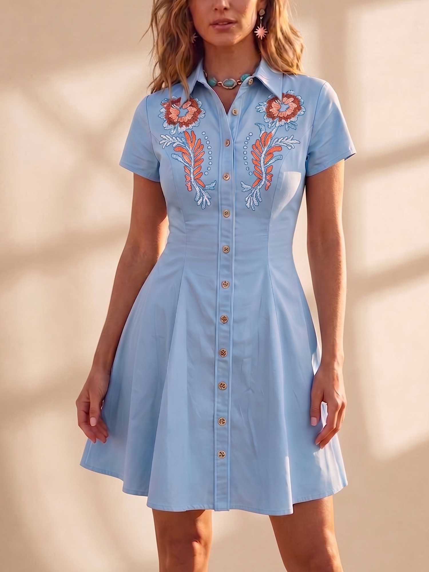 Western-Style Dress &mdash; Light Blue Floral Embroidered Full-Breasted Denim Mini Dress