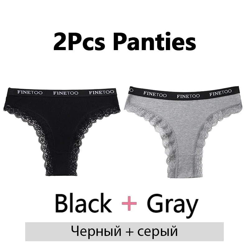 FINETOO 2Pcs/Set Cotton Panties for Women Sexy Ladies Lace G-string Solid Color Thongs Girls Plus Size M-2XL Underwear Lingerie