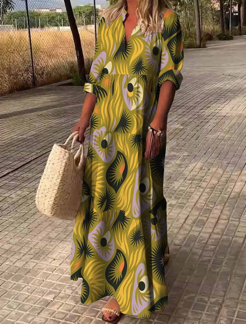 Women Animal, Yellow, Black DZDN0367 SPU Printed Long Sleeve V-neck Maxi Dress