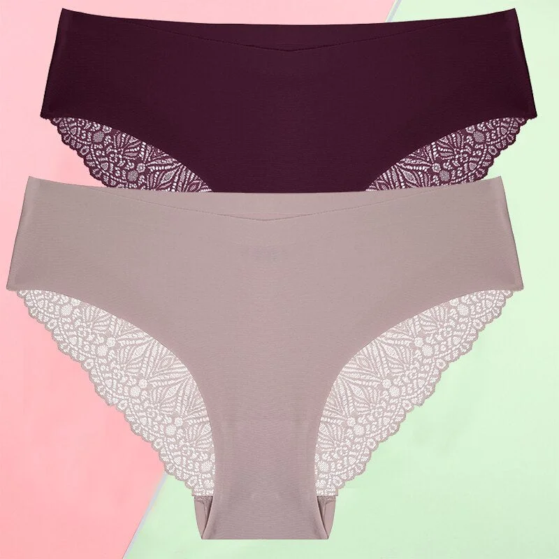 FINETOO 2PCS/Set S-XL Sexy Women Seamless Lace Pantys 6 Solid Colors Breathable Panties Lace Underwear For Girls Thong Lingerie