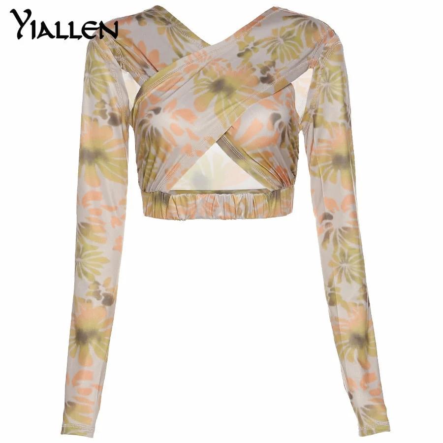 Yiallen Sexy Party Night Club Hollow Out Tops Women Patchwork Personality Crossover Long sleeve Tops Casual Skinny Streetwear