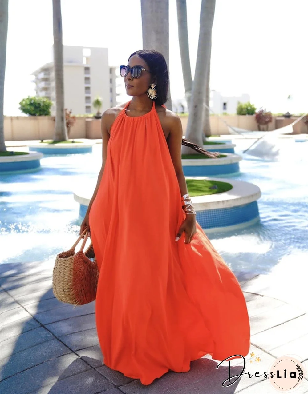 Solid Sleeveless Halter Backless Loose Maxi Dresses