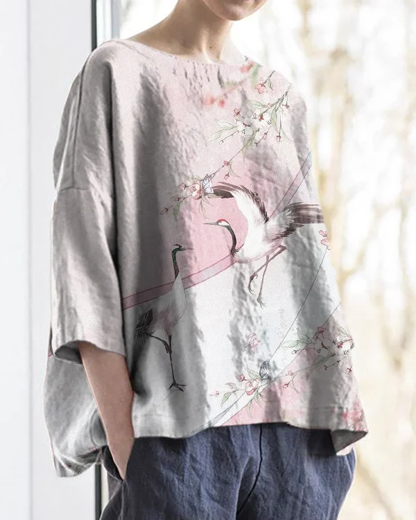 Japanese Crane Art Print Round Neck Cotton and Linen Loose Top