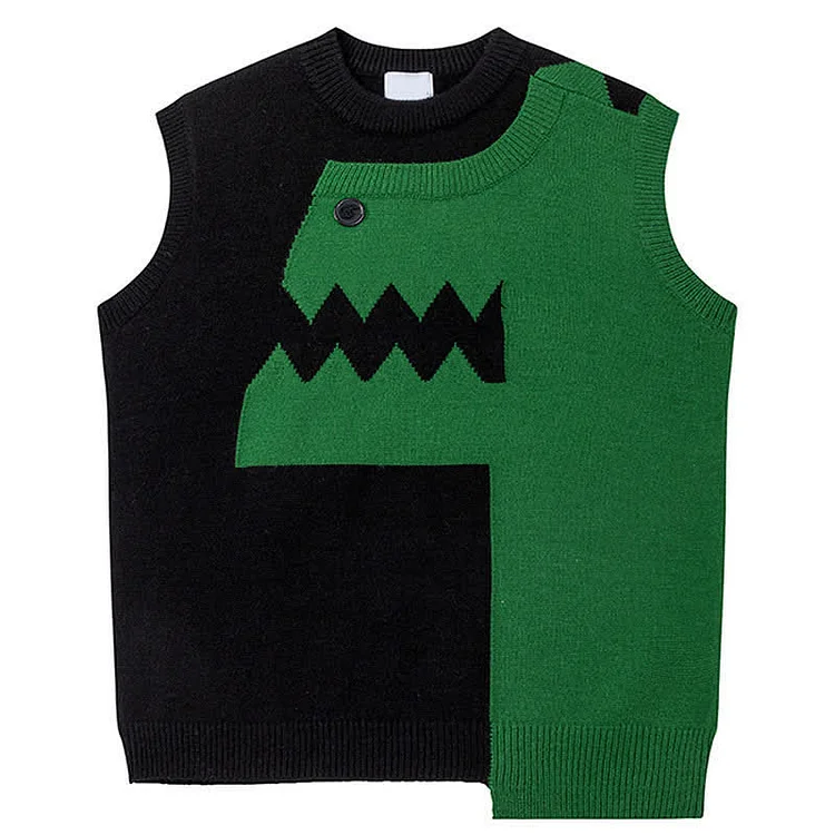 Dinosaur Print Round Collar Colorblock Knit Vest Sweater - Modakawa modakawa