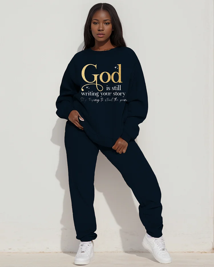God Print Sweatshirt Two Pieces Set