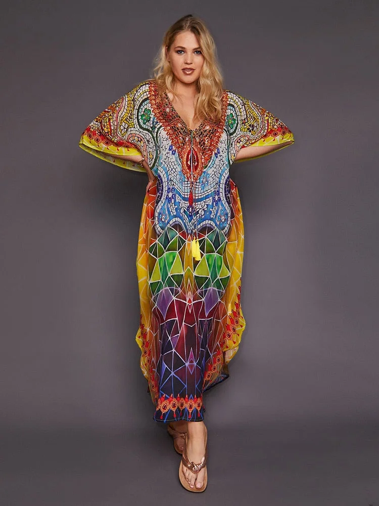 Fitshinling Vintage Print Long Dress Beach Outing Oversize Batwing Sleeve Holiday Kaftan 2020 BOHO Robe Straight Dresses Women