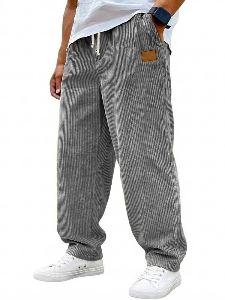 Men's Vintage Corduroy Texture Casual Drawstring Embroidered Label Trousers