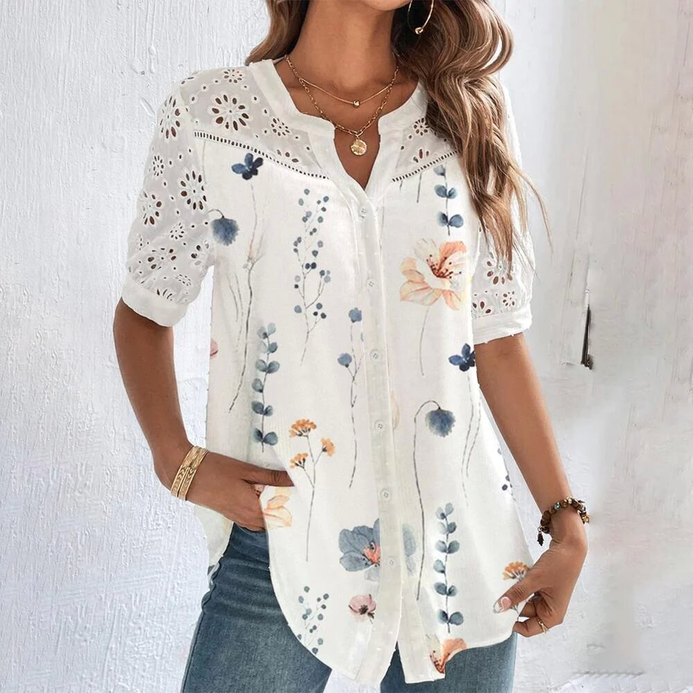 Eyelet Lace Floral Garden Print Short Sleeve Blouse wearshes
