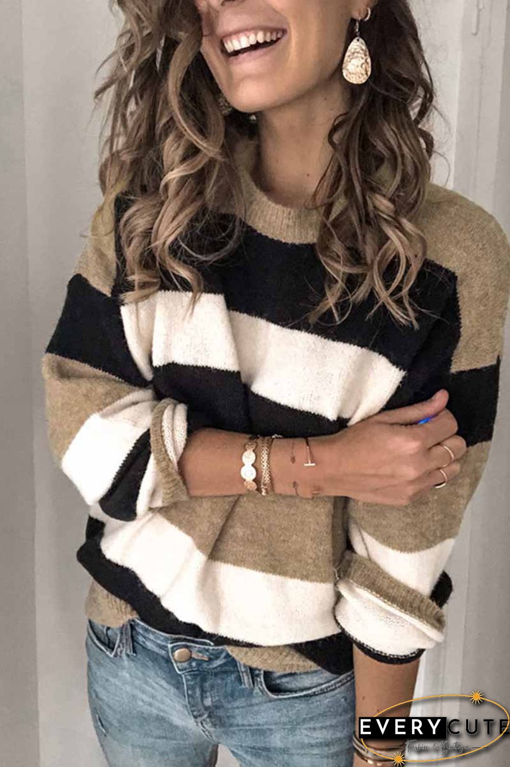 Striped O-Neck Contrast Sweater(3 Colors)