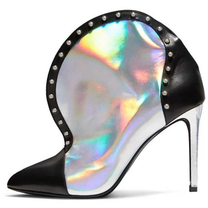 Black and Silver Hologram Studded Ankle Stiletto Boots Vdcoo