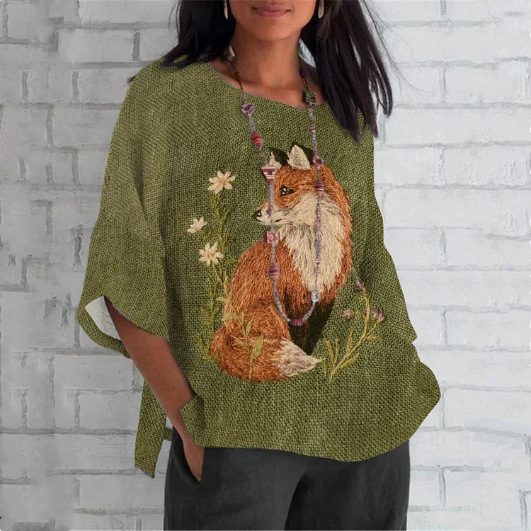 Vintage Forest Fox Print Quarter Sleeves T-Shirt