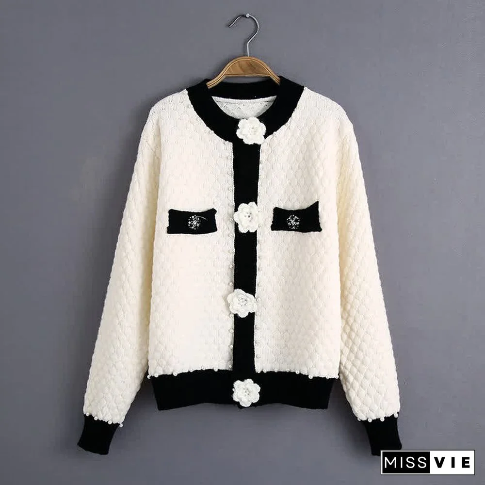 Pearl Decor 3D Blossom Button Cardigan Sweater